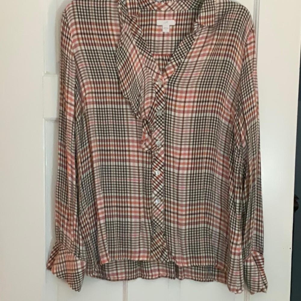 JJILL Brown Plaid Side Front Ruffle Bouse